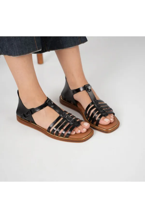Asta Black Leather Flat Women's Sandals