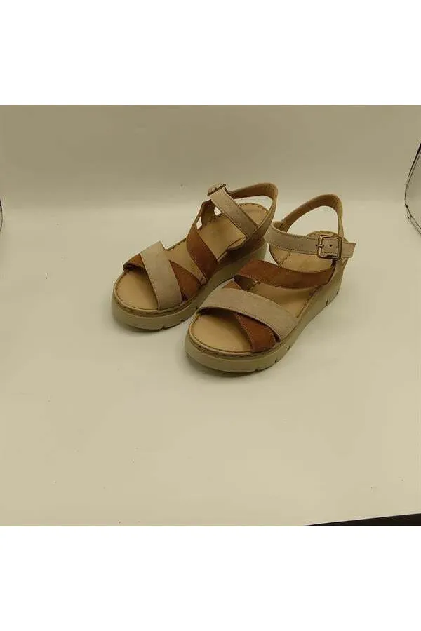 Stabil Çapraz Bantlı Bilekten Bağlamalı Gerçek Deri Süet Kadın Sandalet –  Bej/Açık Kahve