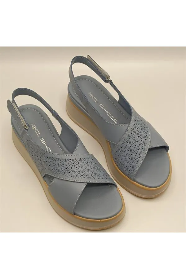 Athena Mavi Deri Dolgu Topuk Sandalet