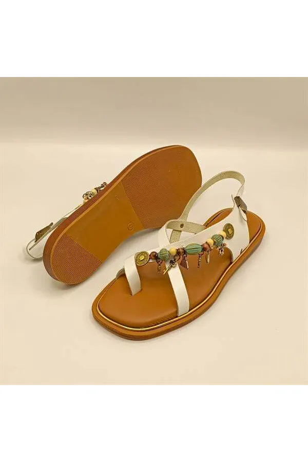 Daphne White Leather Flat Women's Sandals
