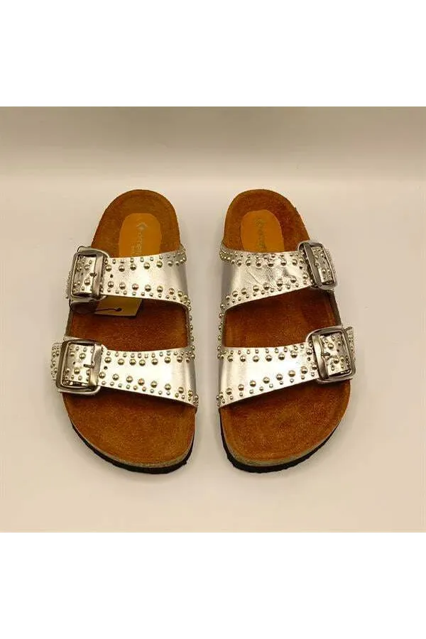 Perla Silver Leather Cork Sole Orthopedic Slippers