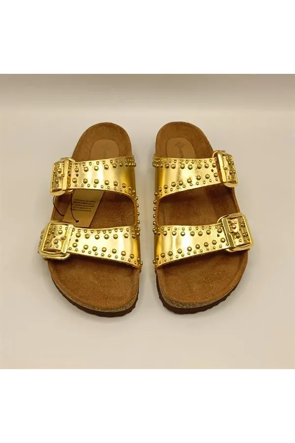 Perla Gold Leather Cork Sole Orthopedic Slippers