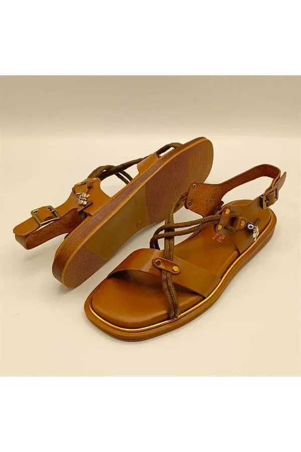Belen Brown Leather Flat Women's Sandals