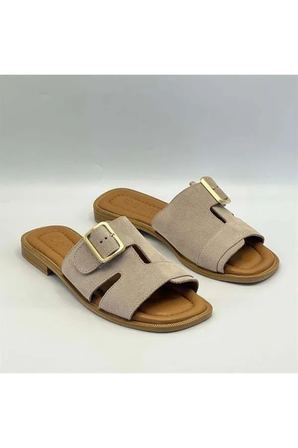 Bellini Bej Süet Tokalı Gerçek Deri Kadın Terlik