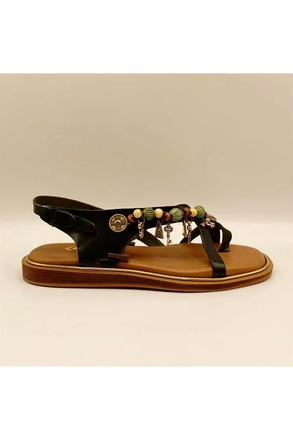 Daphne Black Leather Flat Women's Sandals