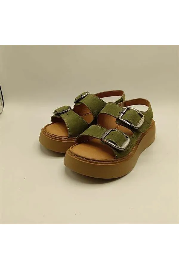 Ametist Exclusive Stabil Haki Süet Platform Kadın Sandalet | Çift Bantlı Gerçek Deri Konfor