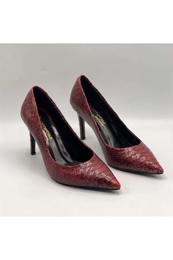 Escarpins Nadia en cuir véritable imprimé serpent bordeaux – Talon de 9 cm