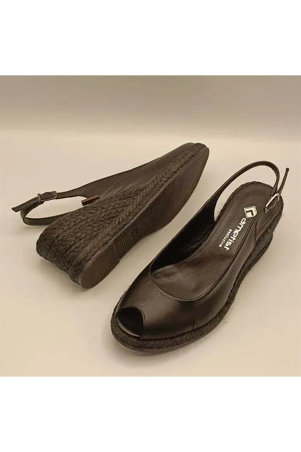 Terre Siyah Deri Dolgu Topuk Sandalet