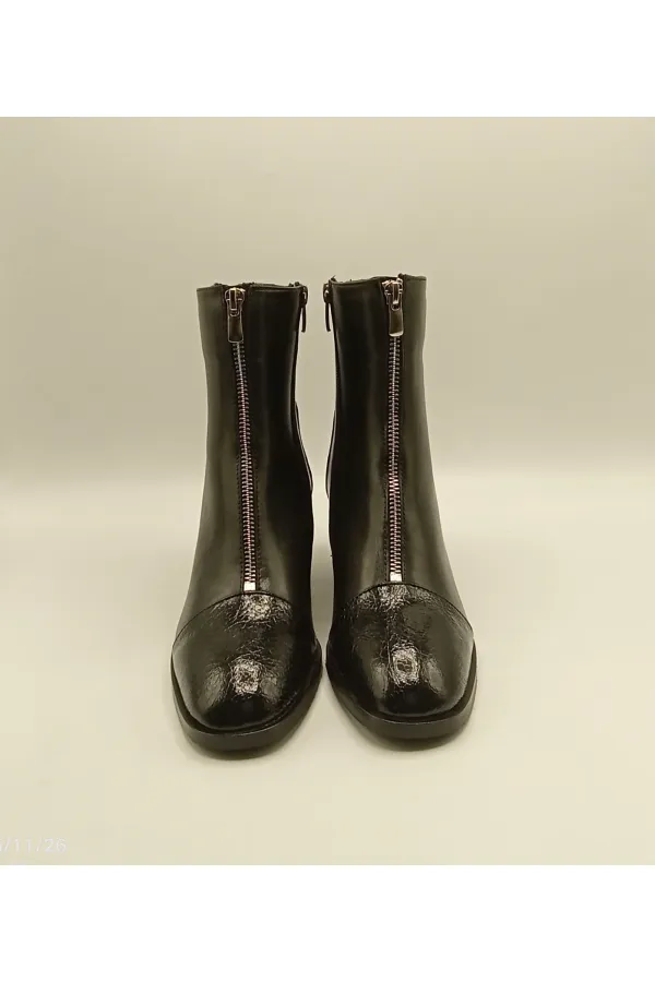 Clara Black Leather Women's Boots – Crocodile Pattern Patent Leather Toe & Heel Detail – Center Zipper Accessory