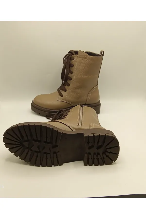 Reneta Vizon Gerçek Deri Kadın Bot – Termo Kaymaz Taban, Bağcıklı & Fermuarlı