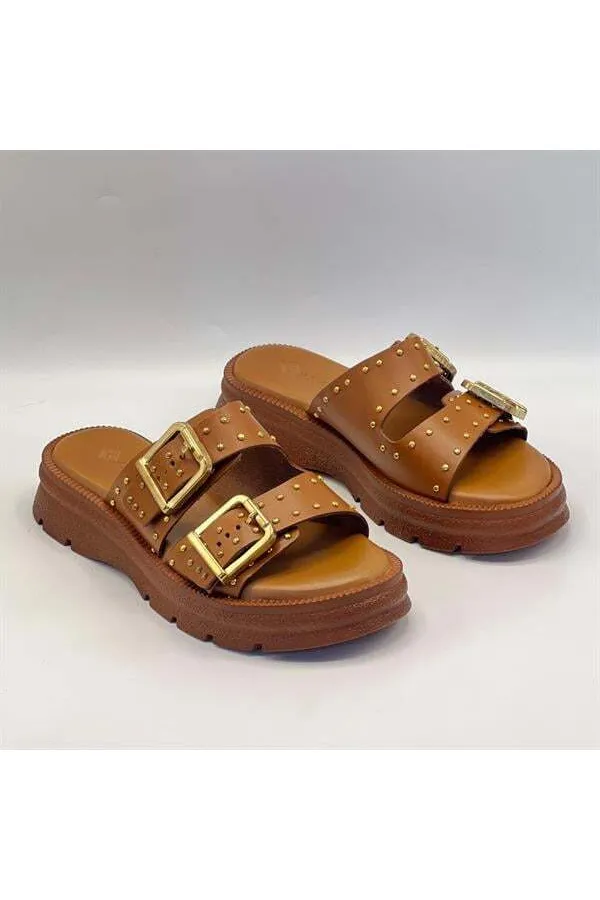 Rosa Taba Genuine Leather Buckle and Studded Women's Slippers