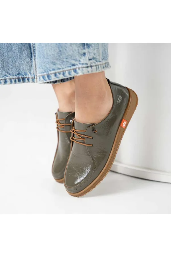 Ariss Khaki Wrinkled Patent Leather Genuine Leather Women's Casual Shoes – Lightweight Flexible Rubber Sole