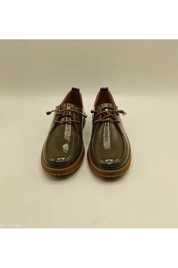 Ariss Khaki Wrinkled Patent Leather Genuine Leather Women's Casual Shoes – Lightweight Flexible Rubber Sole