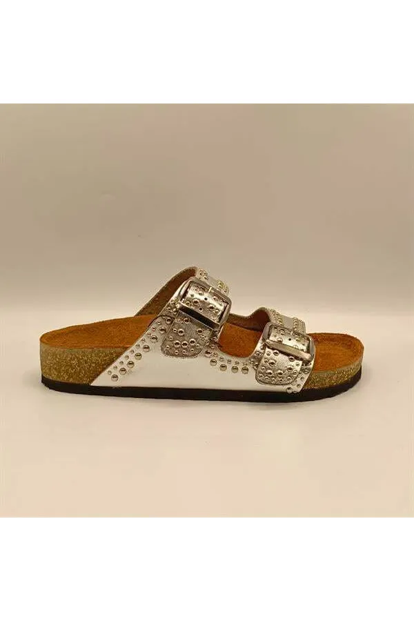 Perla Silver Leather Cork Sole Orthopedic Slippers