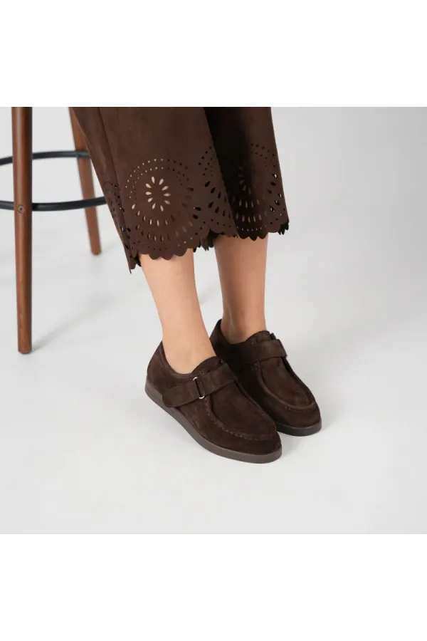 Alba Acı Kahve Hakiki Deri Süet Kadın Günlük Ayakkabı • Hafif Termo Taban, Ayarlanabilir Cırtlı Bant