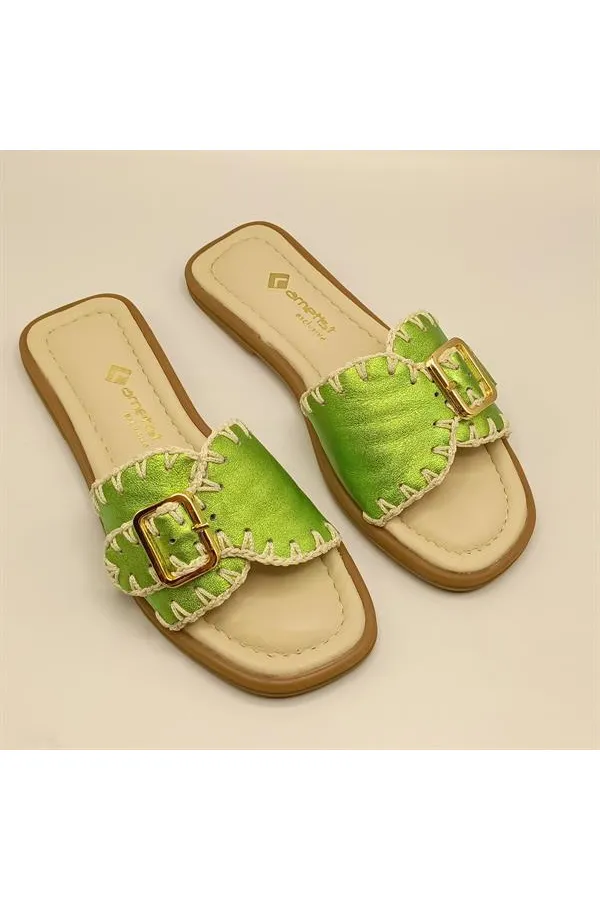 Pantoufles authentiques en cuir vert pour femmes