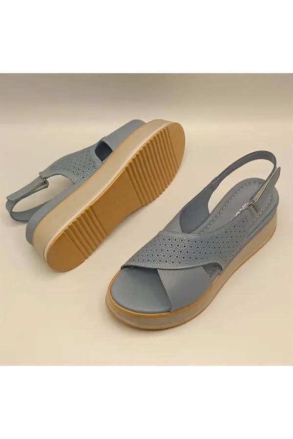 Athena Mavi Deri Dolgu Topuk Sandalet