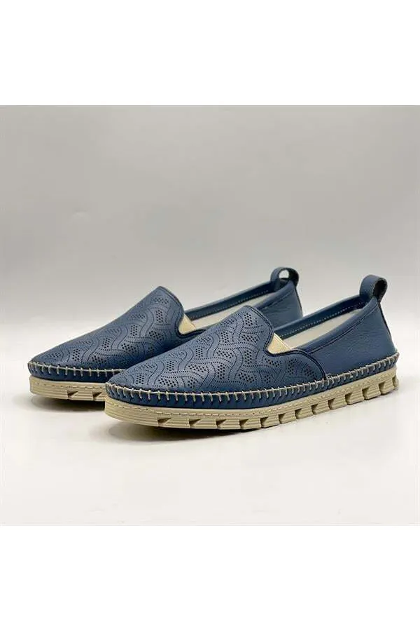 Flex Mavi Hakiki Deri Kadın Loafer