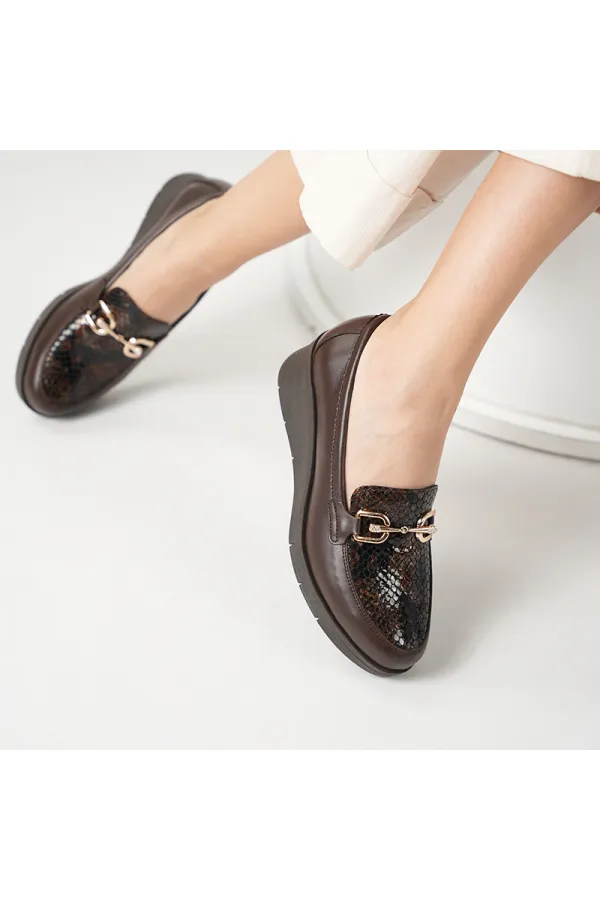 PENA Dark Coffee Snake Print Genuine Leather Women's Casual Shoes