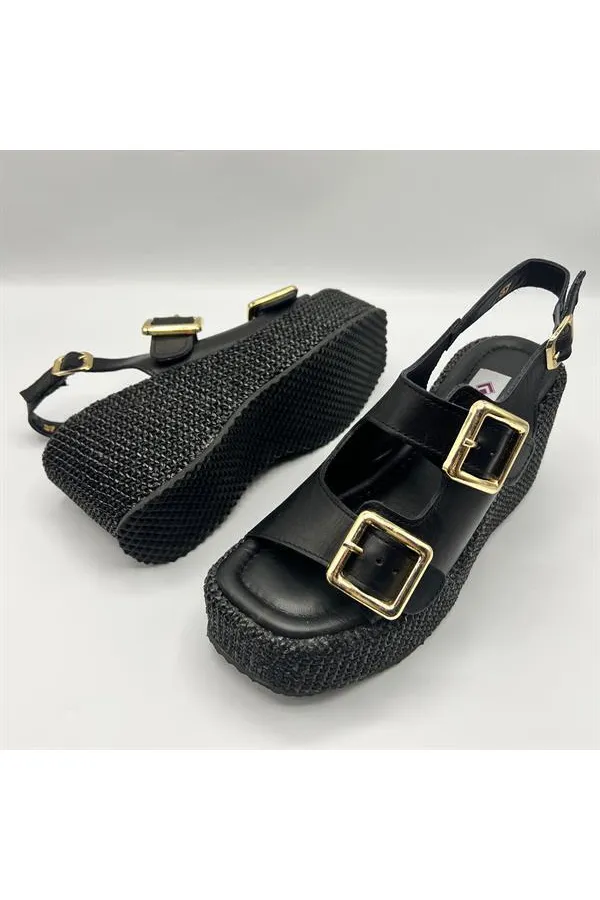 Ametist Exclusive Frida Siyah Deri Dolgu Topuk Kadın Sandalet