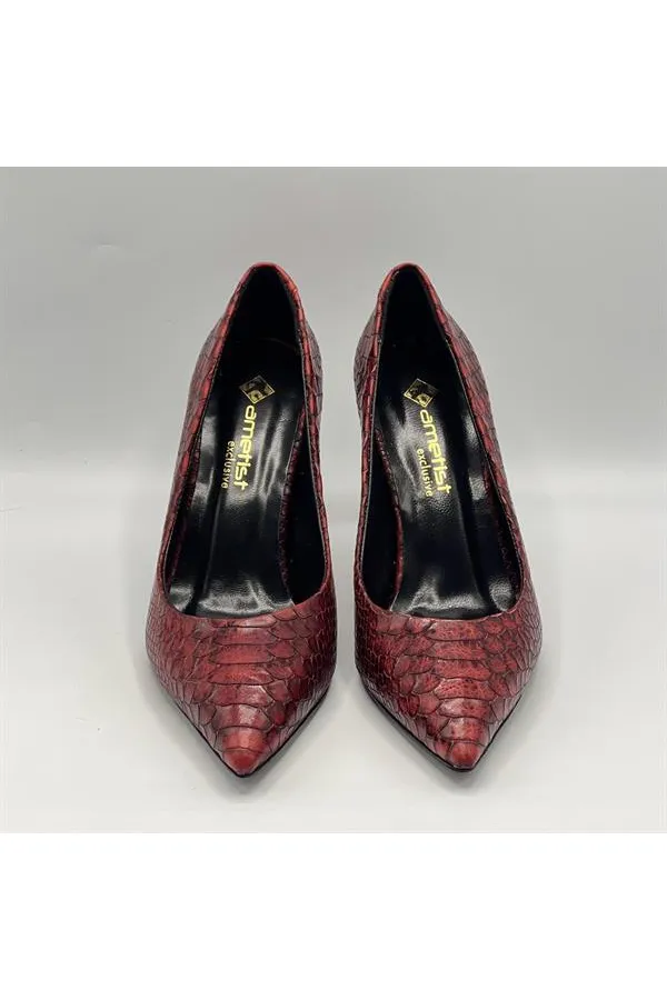 Escarpins Nadia en cuir véritable imprimé serpent bordeaux – Talon de 9 cm