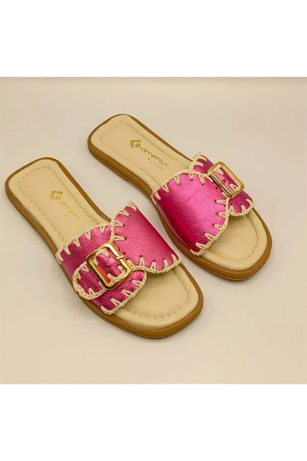 Authentic Fuchsia Leather Women's Slippers