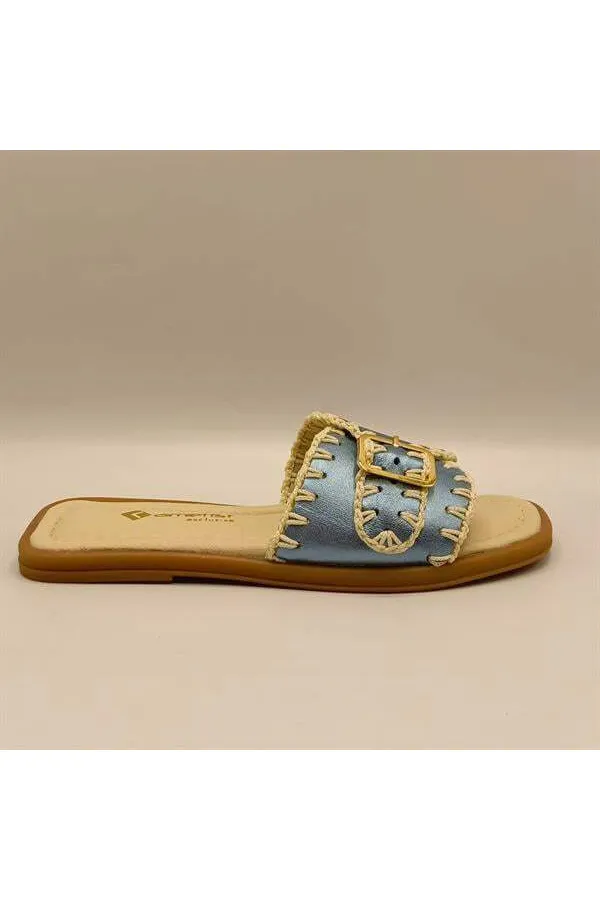 Pantoufles authentiques en cuir bleu pour femmes