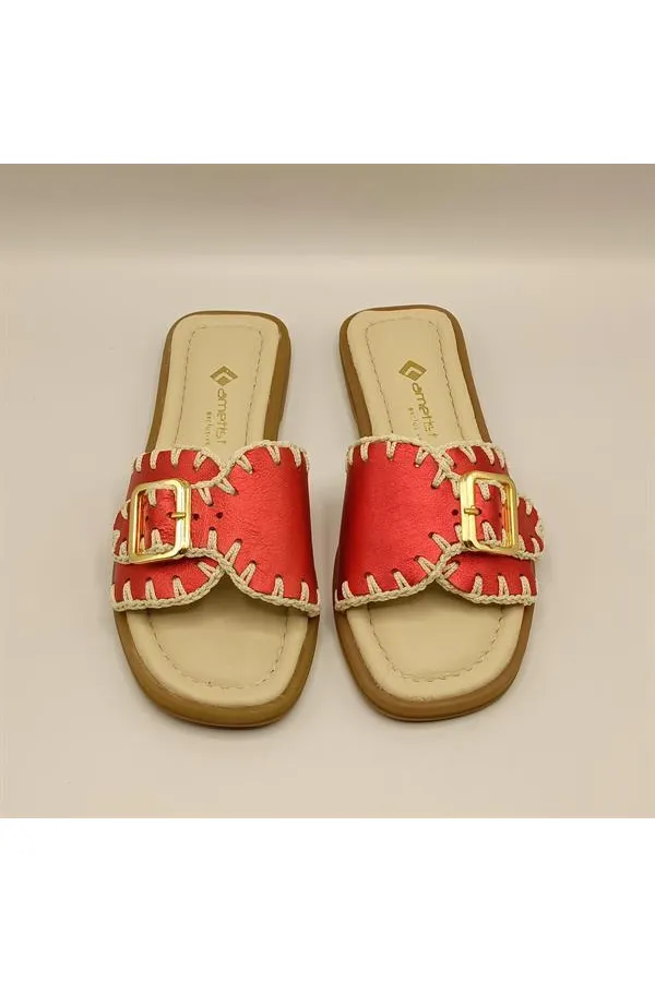 Pantoufles authentiques en cuir rouge pour femmes