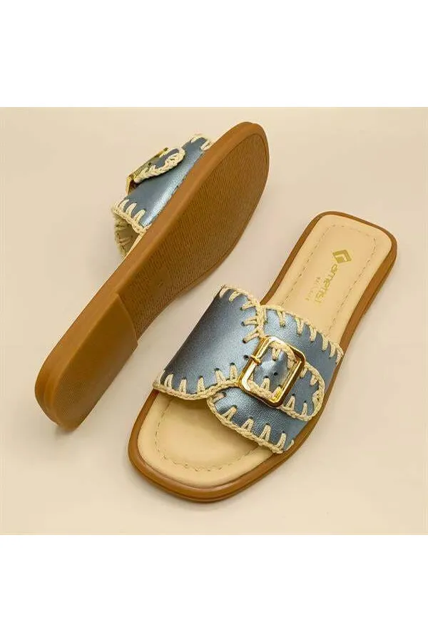 Pantoufles authentiques en cuir bleu pour femmes