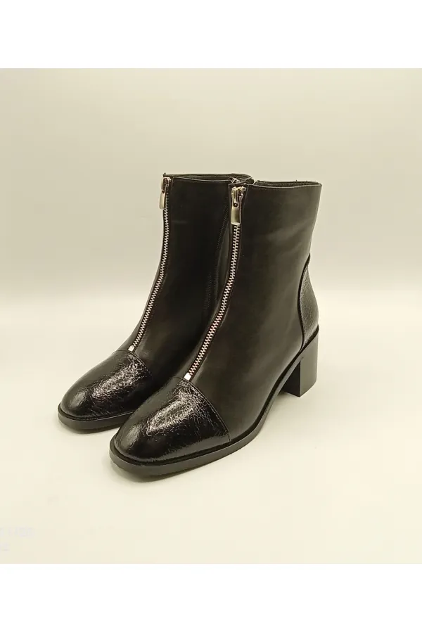 Clara Black Leather Women's Boots – Crocodile Pattern Patent Leather Toe & Heel Detail – Center Zipper Accessory