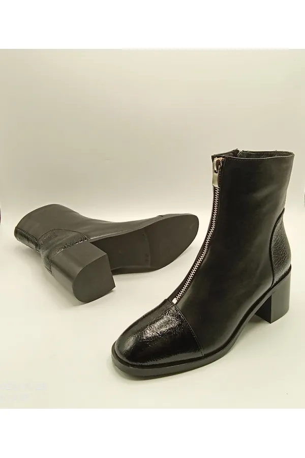 Clara Black Leather Women's Boots – Crocodile Pattern Patent Leather Toe & Heel Detail – Center Zipper Accessory