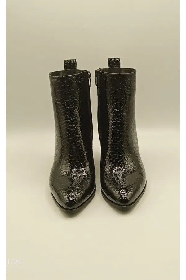 Valeria Black Beanie Pattern Genuine Leather Women's Boots – Pointed Toe, Metal-Embellished Heel