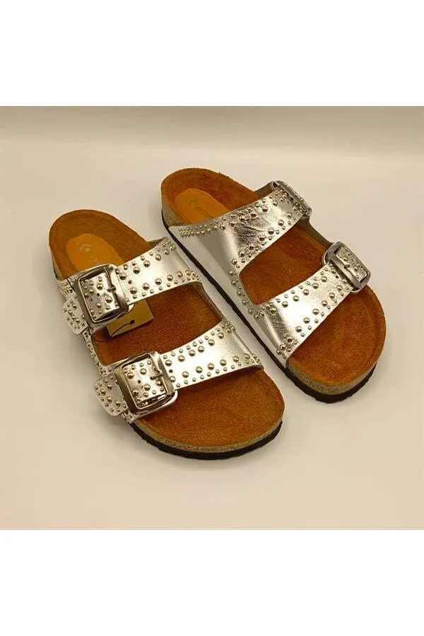 Perla Silver Leather Cork Sole Orthopedic Slippers