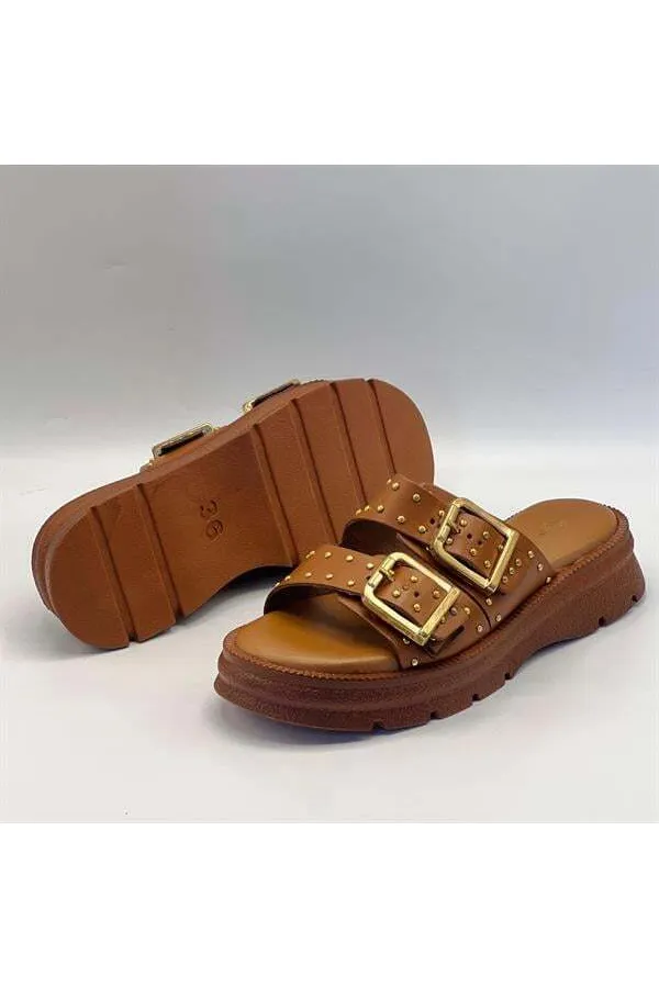 Rosa Taba Genuine Leather Buckle and Studded Women's Slippers