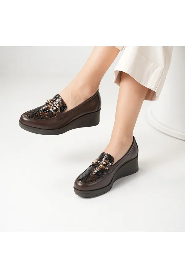 PENA Dark Coffee Snake Print Genuine Leather Women's Casual Shoes