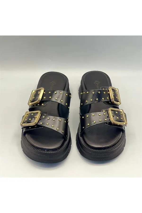 Rosa Black Genuine Leather Buckle and Studded Women's Slippers – Comfortable, Stylish and Orthopedic