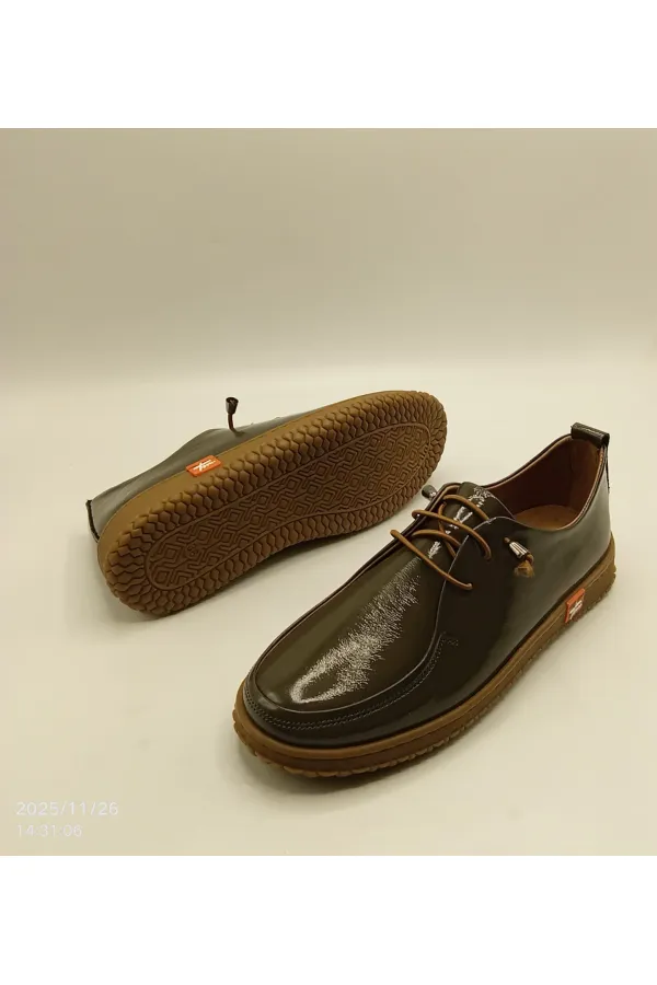 Ariss Khaki Wrinkled Patent Leather Genuine Leather Women's Casual Shoes – Lightweight Flexible Rubber Sole