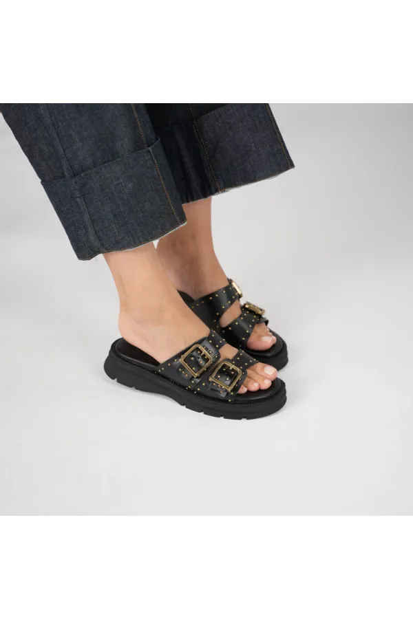 Rosa Black Genuine Leather Buckle and Studded Women's Slippers – Comfortable, Stylish and Orthopedic