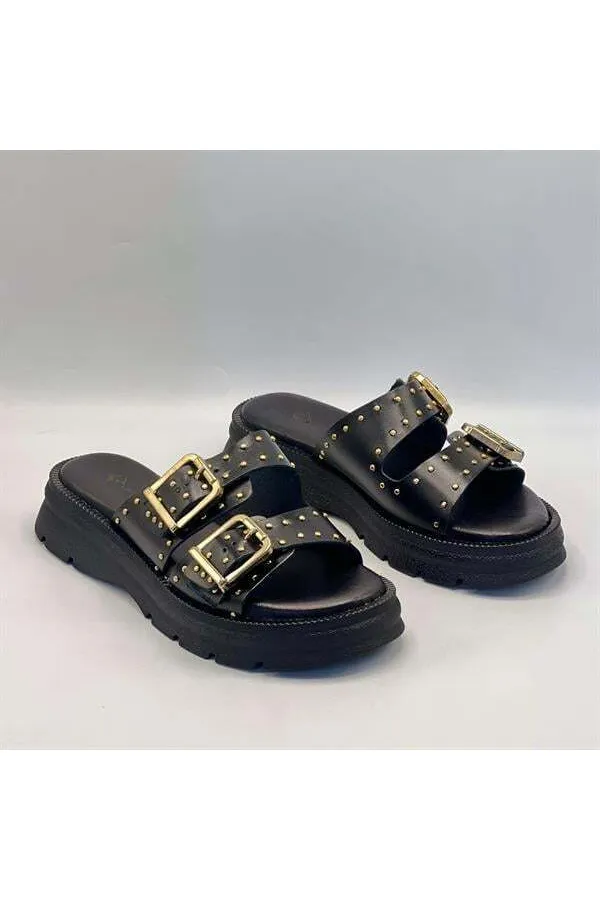 Rosa Black Genuine Leather Buckle and Studded Women's Slippers – Comfortable, Stylish and Orthopedic