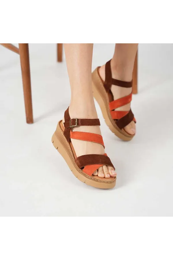 Stable Cross Strap Ankle Strap Genuine Leather Suede Women's Sandals – Brick Red/Dark Brown