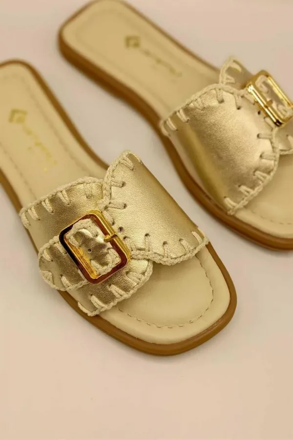 Authentic Matte Gold Leather Slippers