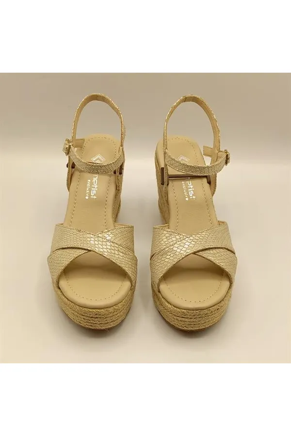 Camelia Gold Deri Dolgu Topuk Sandalet