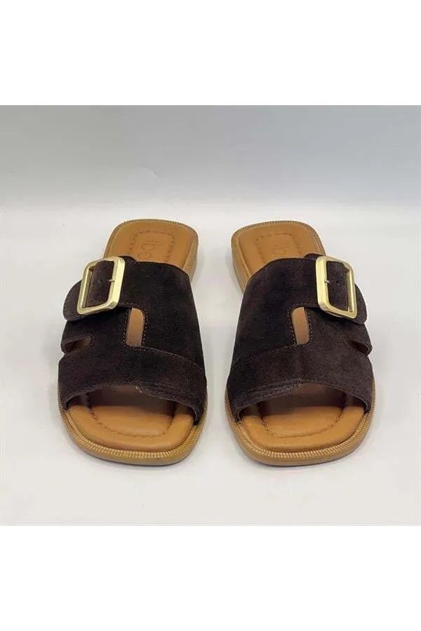 Bellini Coffee Suede Buckle Genuine Leather Women's Slippers