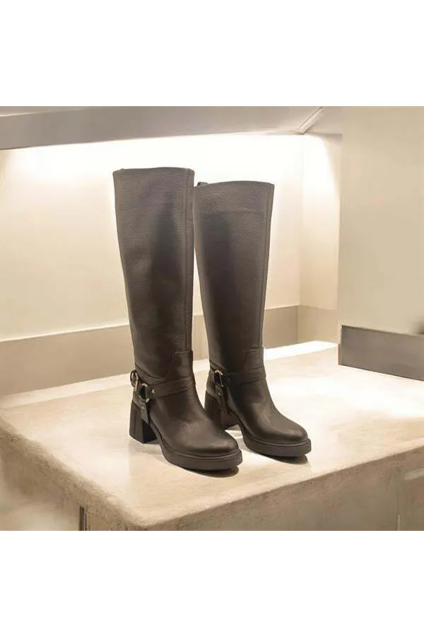 Sonya Topuklu Siyah Deri Kadın Çizme