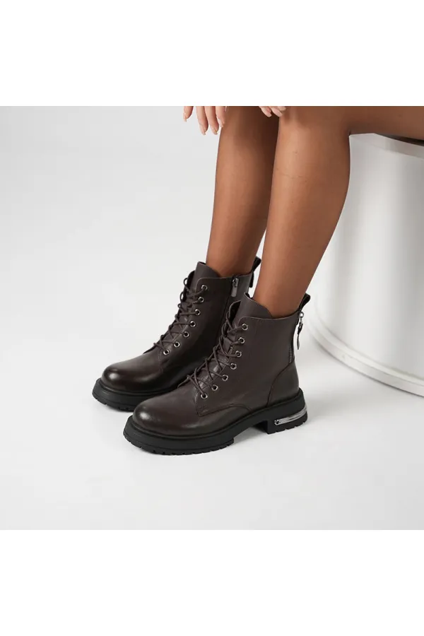 Tokyo Acı Kahve Gerçek Deri Sıcak Astar Kadın Bot – Bağcıklı & Fermuarlı, 5.5 cm Topuk