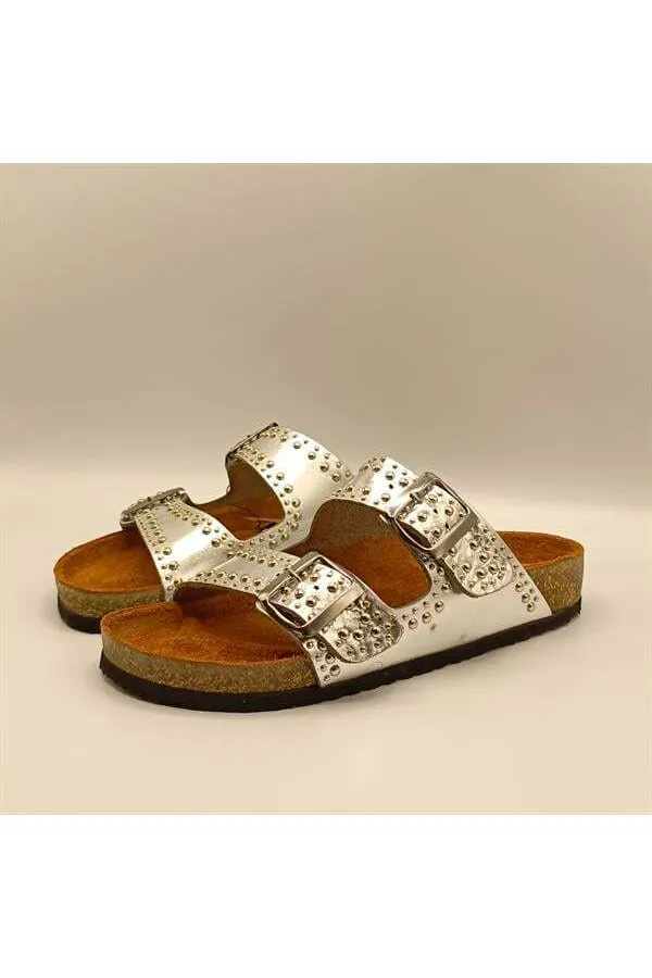 Perla Silver Leather Cork Sole Orthopedic Slippers