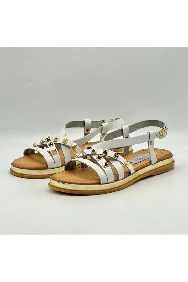 Anetta White Leather Women's Sandals | Gold Stud Detail, Genuine Leather Thermo Sole
