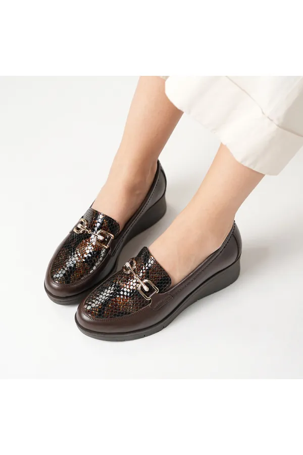 PENA Dark Coffee Snake Print Genuine Leather Women's Casual Shoes