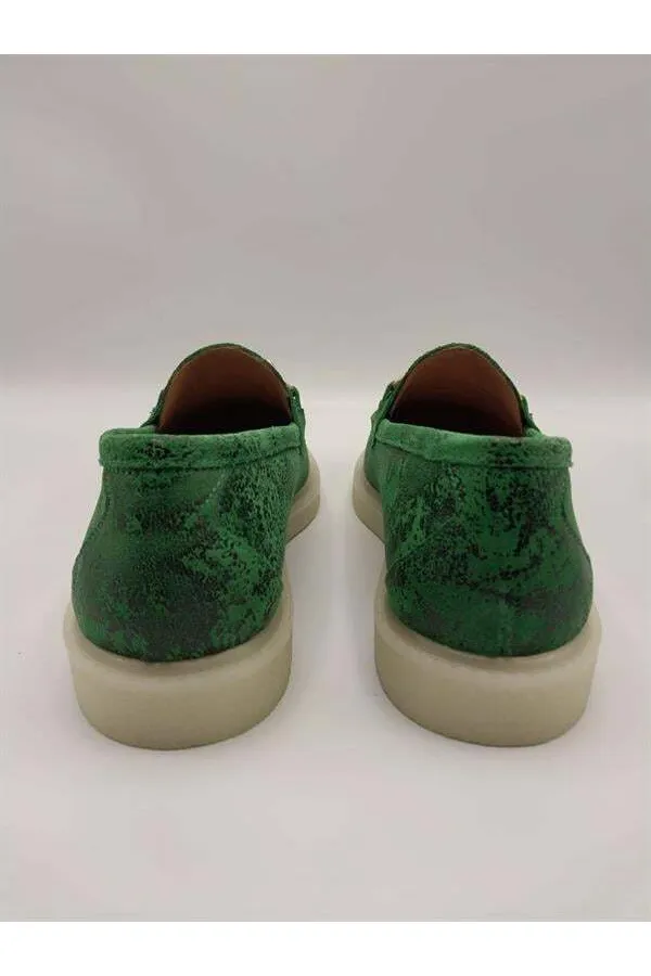 Davina Dark Green Printed Genuine Leather Casual Shoes