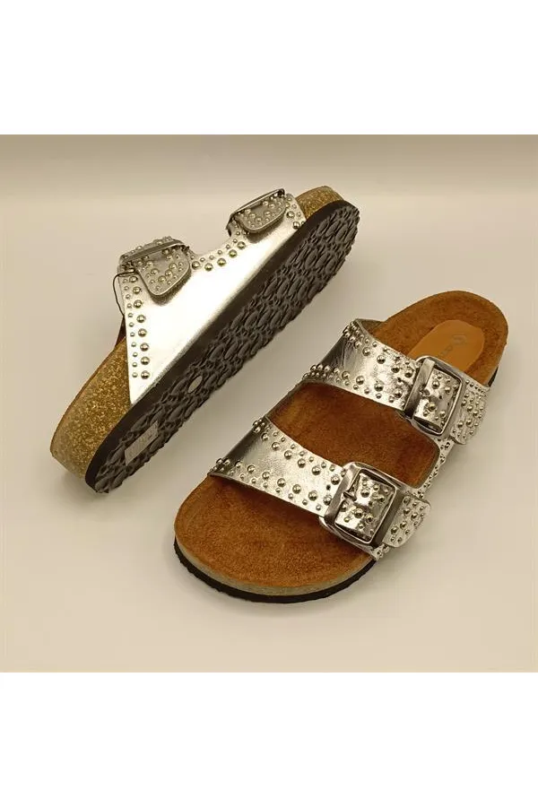 Perla Silver Leather Cork Sole Orthopedic Slippers